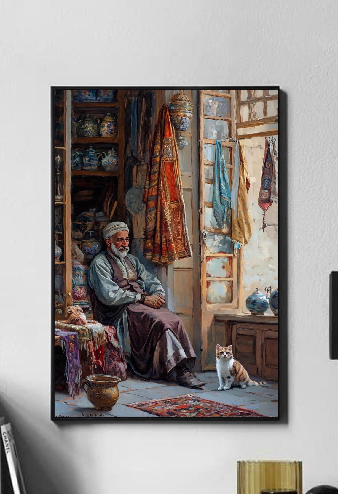 Middle Eastern Bazaar Antique Shop Oil Painting Cat Portrait Print