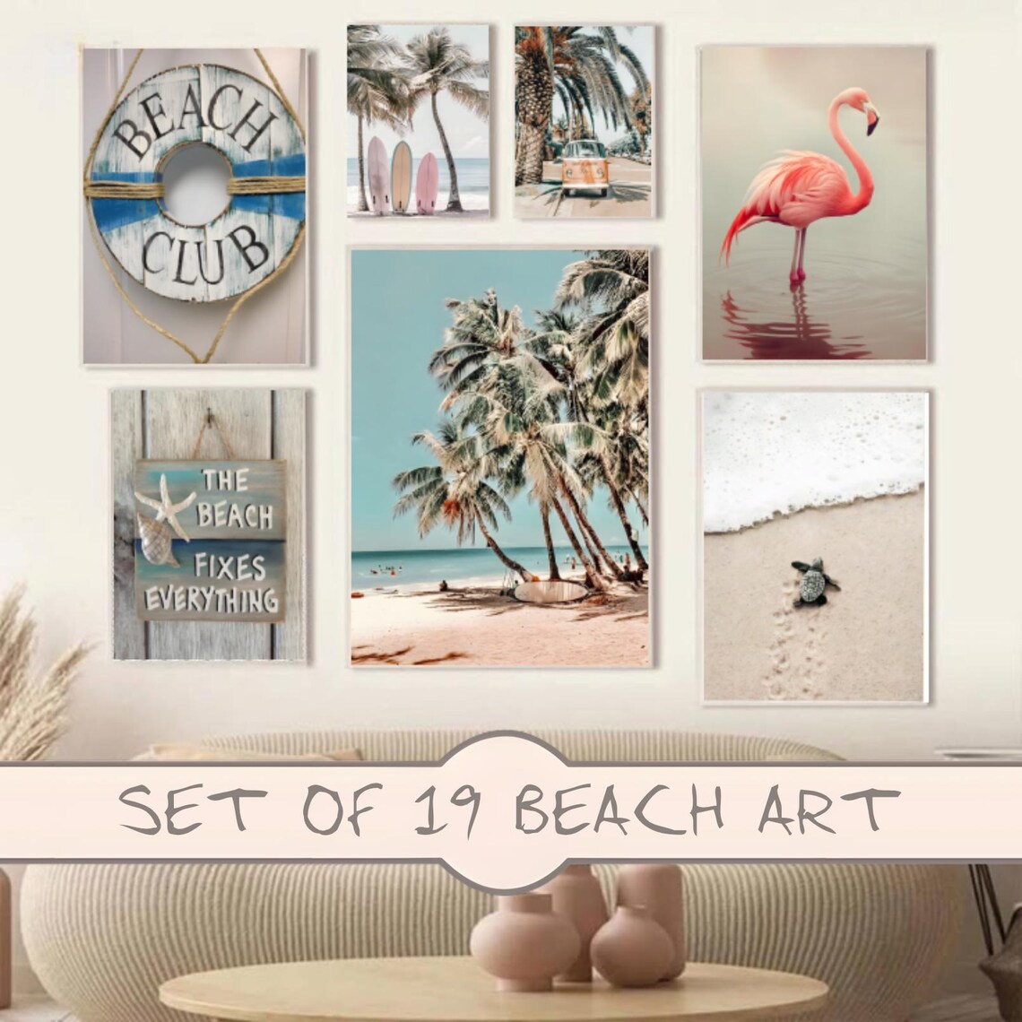 Set of 19 Beach Art Print Designs for Coastal Gallery Wall Flamingo Turtle
