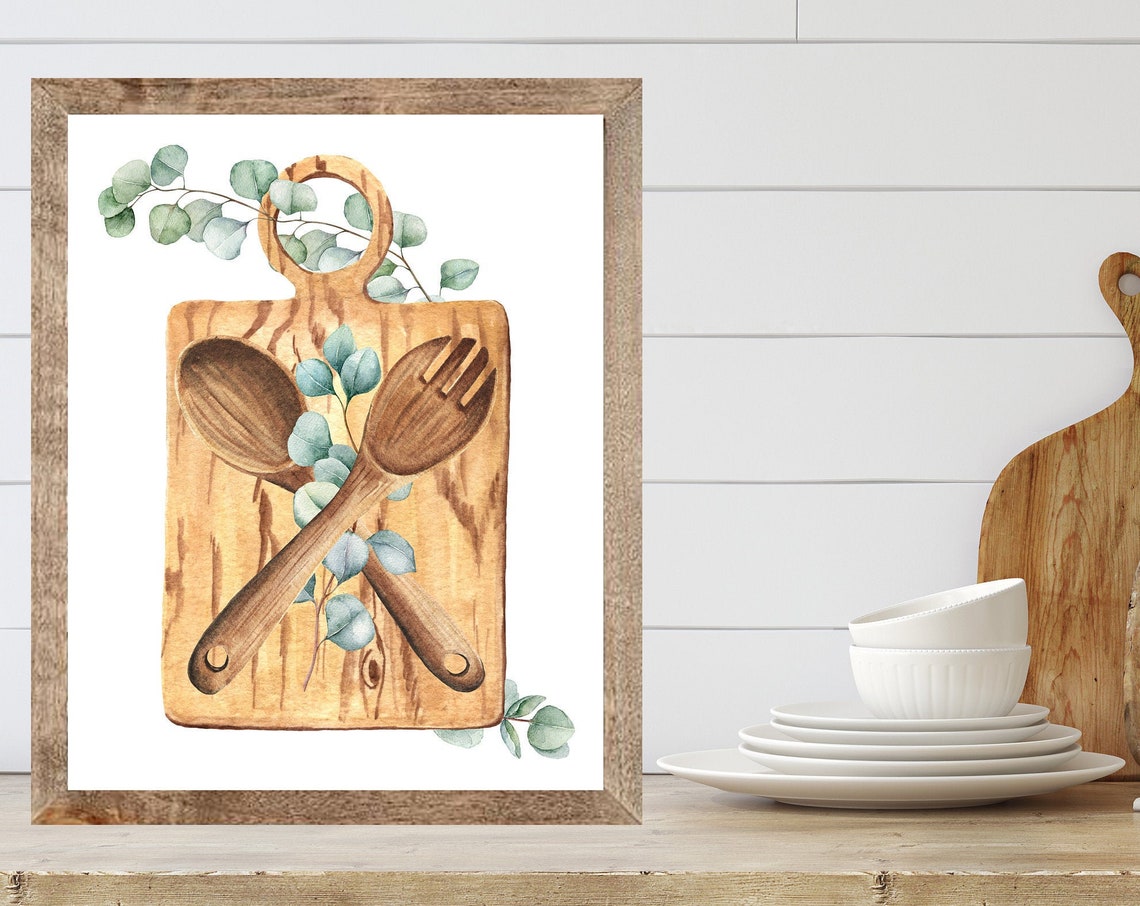 Wood Spoon Fork Cutting Board Eucalyptus Watercolor Kitchen Poster