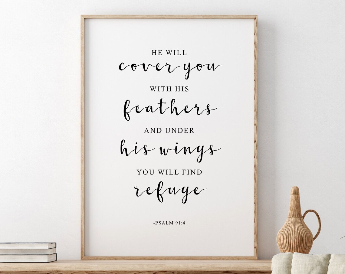 He Will Cover You With His Feathers Psalm 91:4 Calligraphy Poster