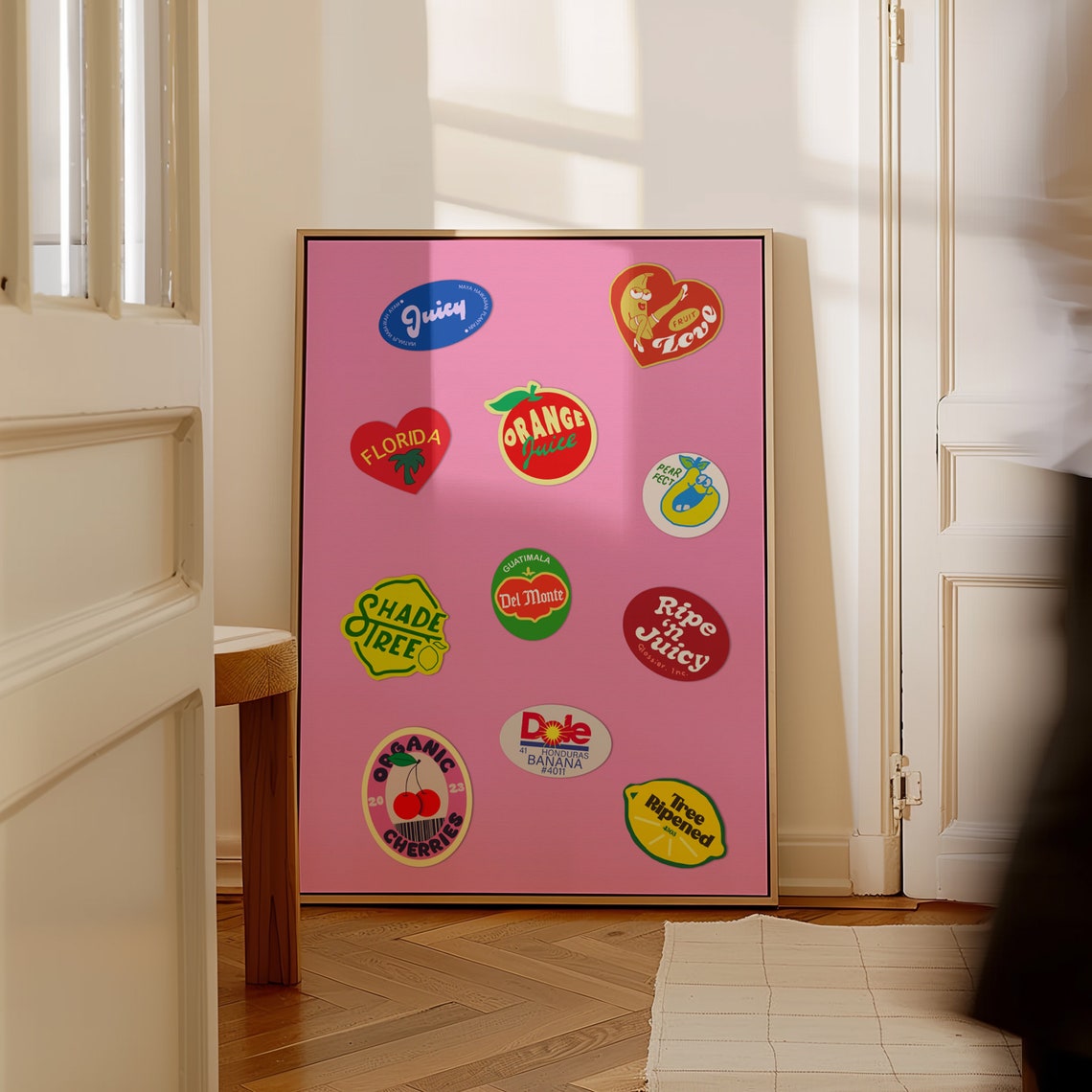 Retro Fruit Sticker Labels Pink Vintage Kitchen Dining Decor Poster