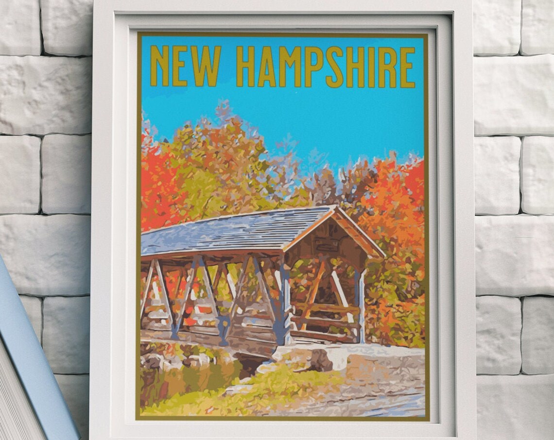 New Hampshire Covered Bridge Fall Foliage Vintage Travel Poster