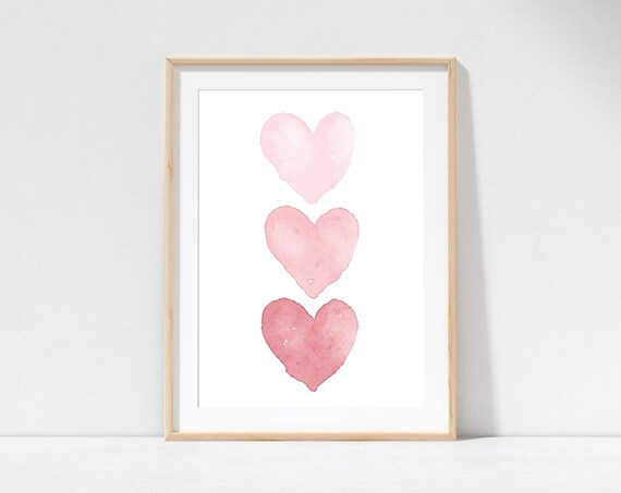 Blush Pink Watercolor Hearts Minimalist Nursery Girls Room Poster