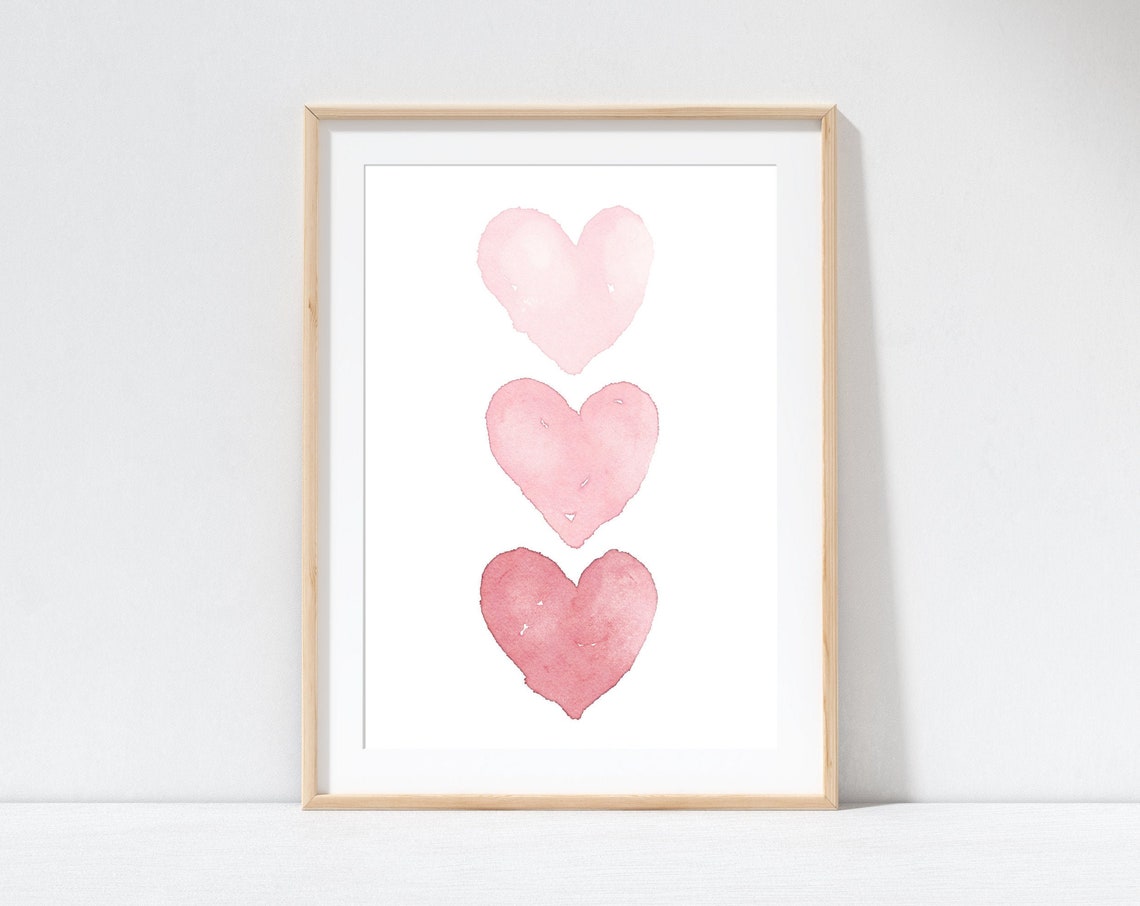 Blush Pink Watercolor Hearts Minimalist Nursery Girls Room Poster