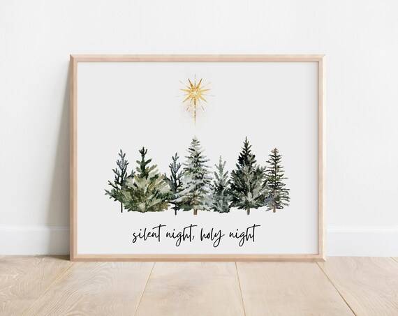 Silent Night Holy Night Christmas Pines Gold Star Watercolor Print
