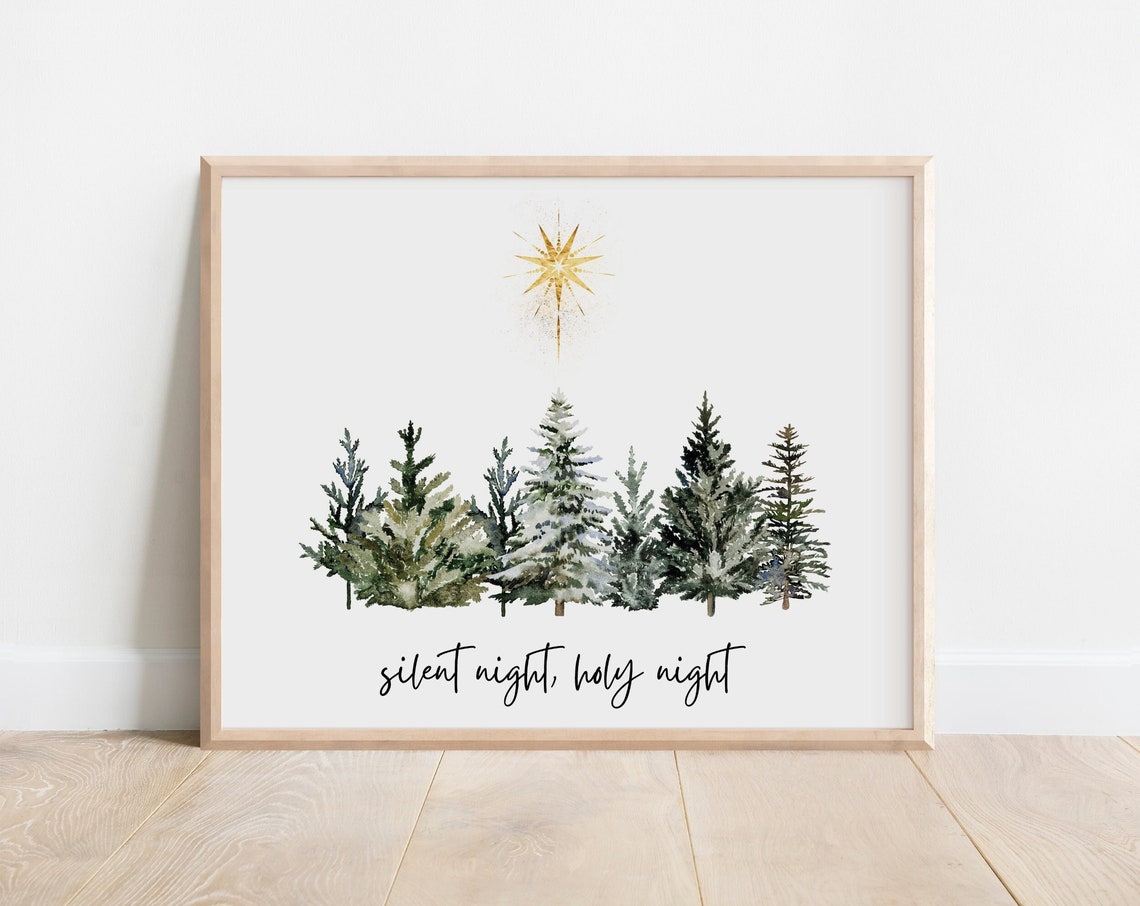 Silent Night Holy Night Christmas Pines Gold Star Watercolor Print