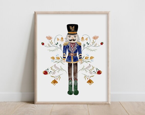 Watercolor Nutcracker Soldier Blue Uniform Floral Holiday Christmas Poster