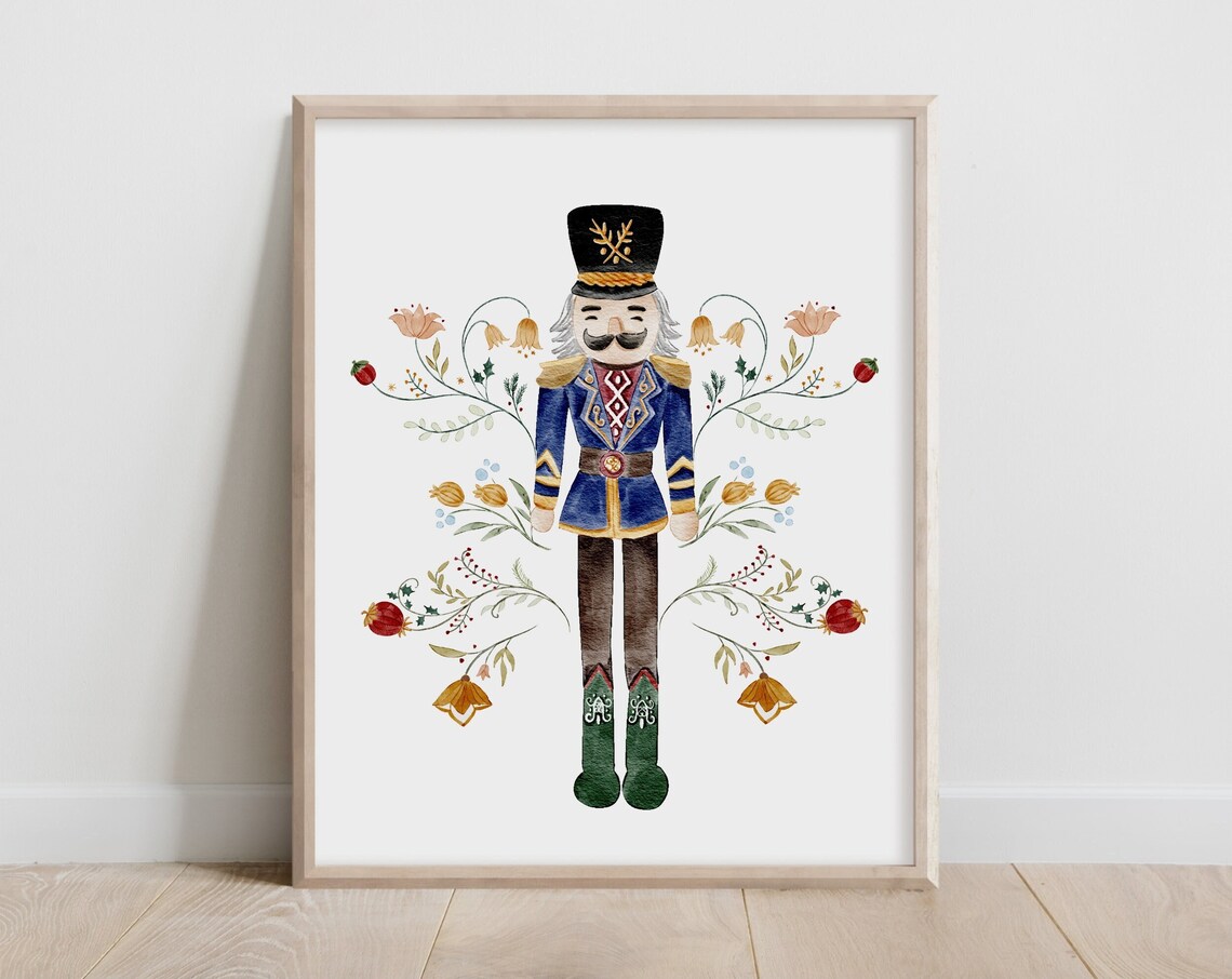 Watercolor Nutcracker Soldier Blue Uniform Floral Holiday Christmas Poster