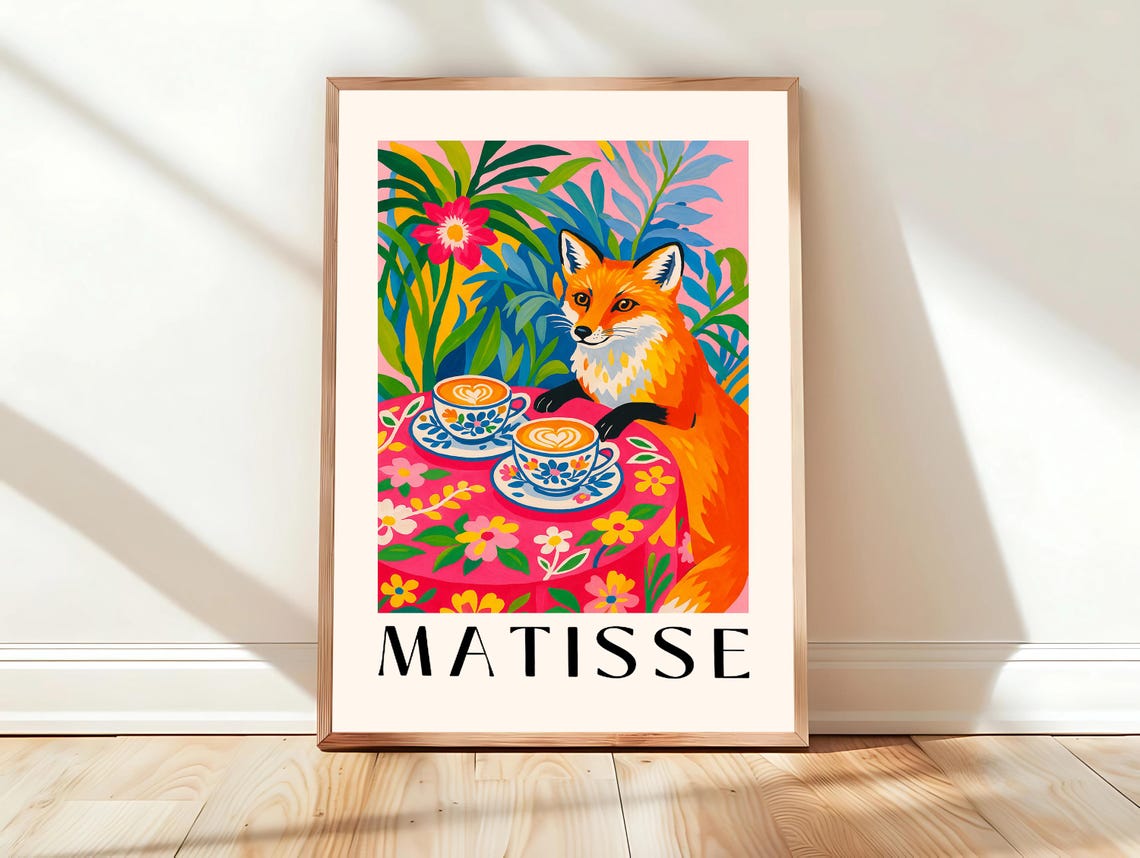 Fox with Coffee Cups Matisse Style Tropical Latte Cafe Art Poster