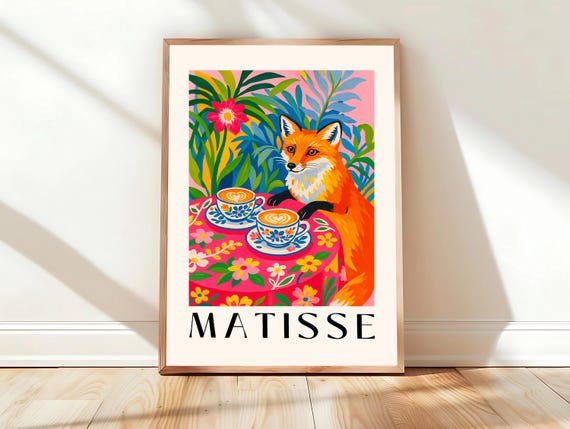 Fox Drinking Coffee Henri Matisse Forest Animal Print Kitchen Decor Maximalist Wall