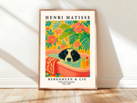 Border Collie Wall Art Poster Funny Bathroom Decor Pink Matisse Print Boho