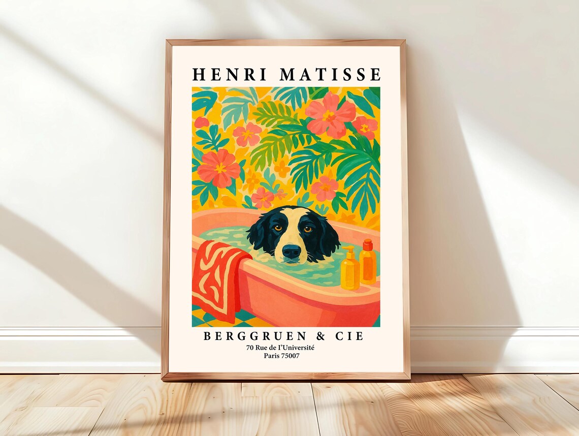 Border Collie in Pink Bathtub Hibiscus Matisse Style Animal Poster