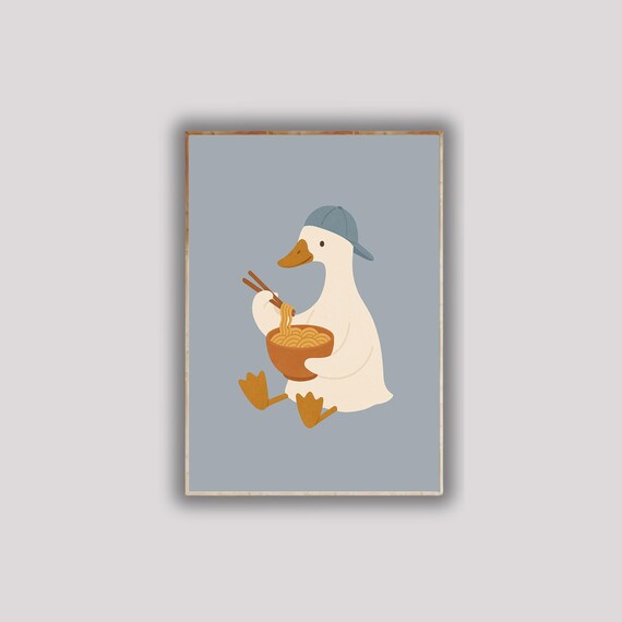 Goose Eating Noodles Poster Funny Duck Wall Art Quirky Ramen Print Whimsical Animal Decor For Food Lovers
