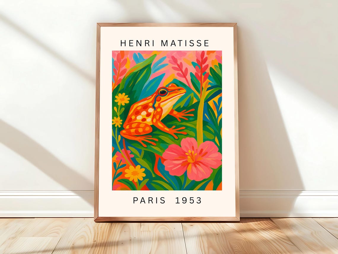 Maximalist Wall Art Frog Poster Pink Tropical Decor Mid Century Modern Print Matisse