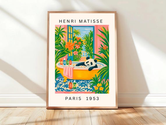 Cute Panda Poster Matisse Wall Art Maximalist Mid Century Bathroom Decor Pink Tropical Print