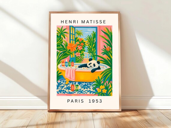 Funny Panda in Bathtub Tropical Matisse Style Paris 1953 Poster