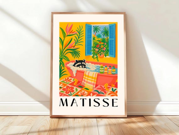 Raccoon In Bathtub Art Print Pink Maximalist Henri Matisse Wall Tropical Bathroom Decor Animal
