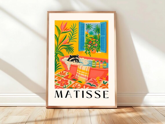 Raccoon Relaxing in Bathtub Tropical Matisse Style Art Poster