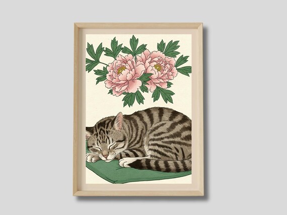 Sleeping Tabby Cat with Peonies Japanese Floral Cat Art Print