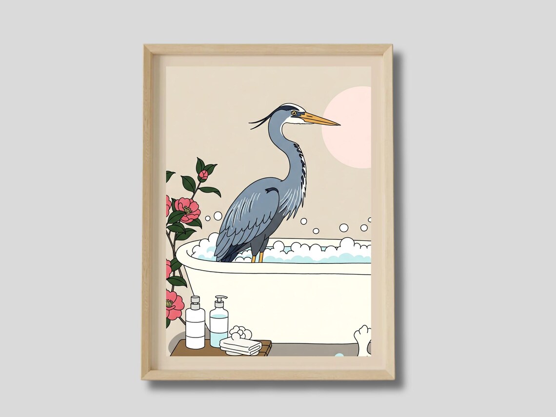 Blue Heron Bubble Bath With Camellia Flowers Japanese Art Poster