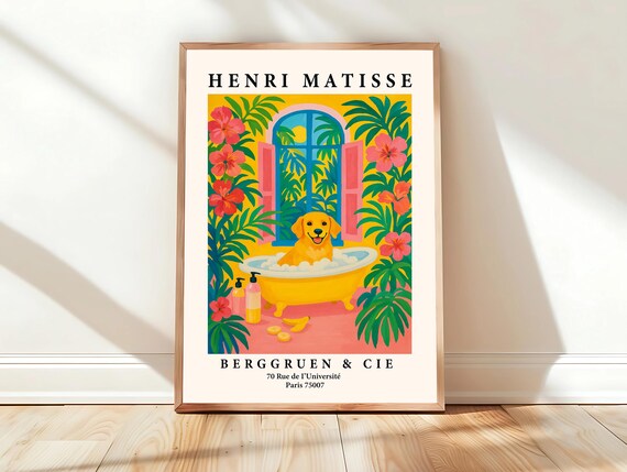 Golden Retriever Puppy in Yellow Bathtub Matisse Style Poster