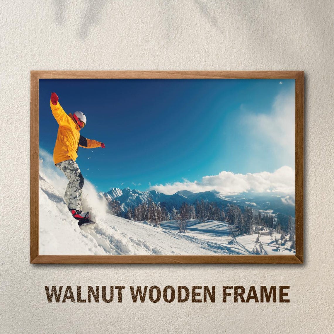 Snowboarder in Yellow Jacket Mountain Slope Winter Action Print