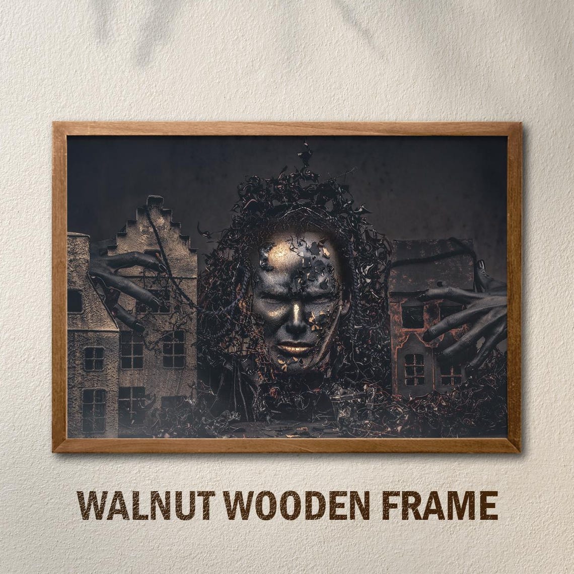 Surreal Cracked Stone Face Haunting Dark Gothic Cityscape Poster