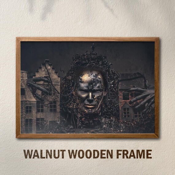Surreal Cracked Stone Face Haunting Dark Gothic Cityscape Poster
