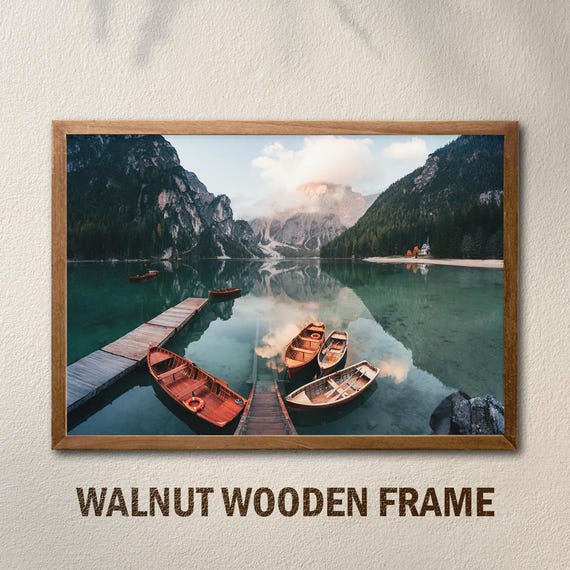 Mountain Lake Wall Art Serene Nature Landscape Poster Wooden Boats Print Rustic Cabin Decor