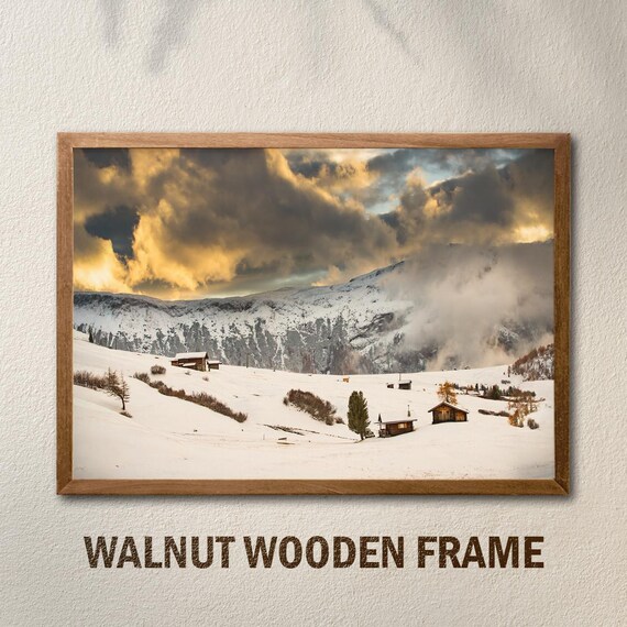 Snowy Alpine Mountain Cabins Golden Sunset Winter Landscape Photo Poster