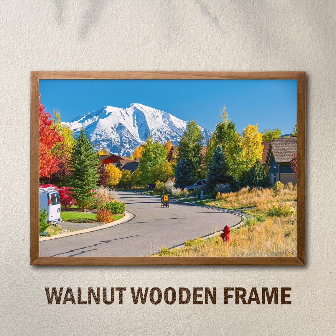 Autumn Street Snowy Mountain Fall Foliage Neighborhood Photo Print