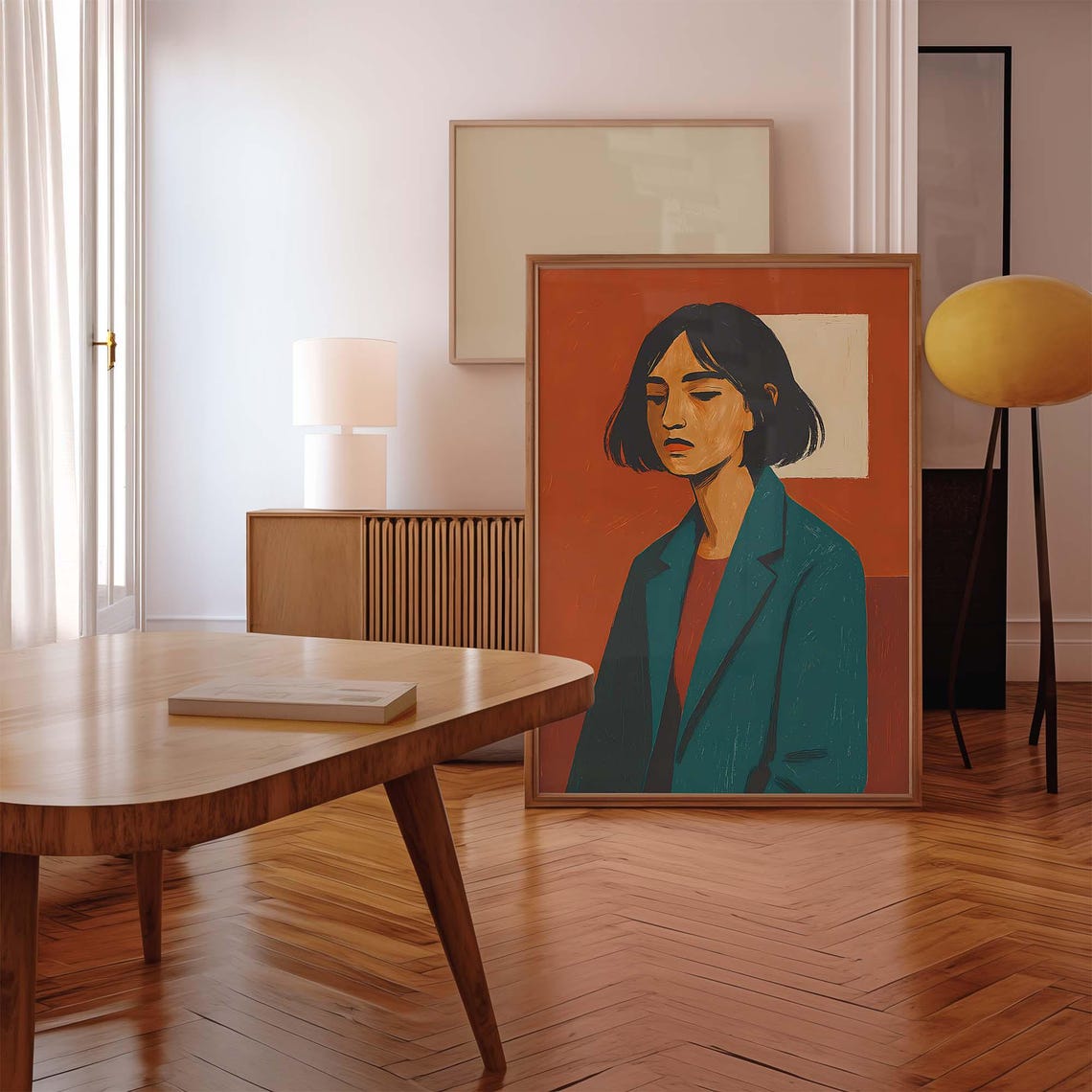 Moody Female Portrait Muted Retro Teal And Orange Wall Art Minimalist Woman Illustration Modern Contemporary - Image 3