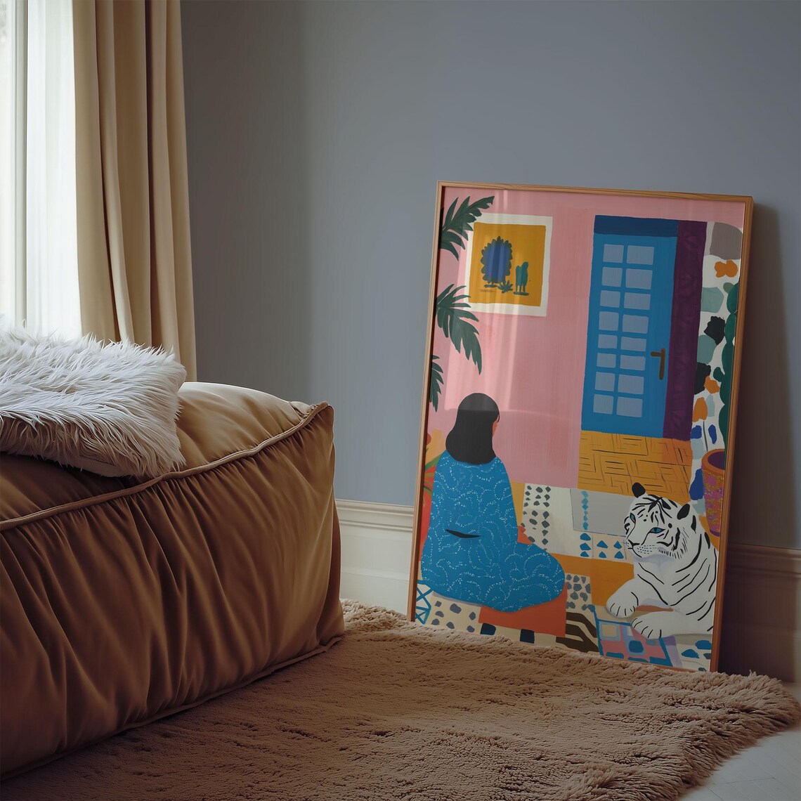 Woman with White Tiger Colorful Boho Interior Scene Art Print - Image 2