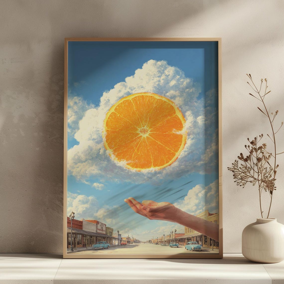 Giant Orange Slice Floating Over a Retro Small Town Surreal Poster