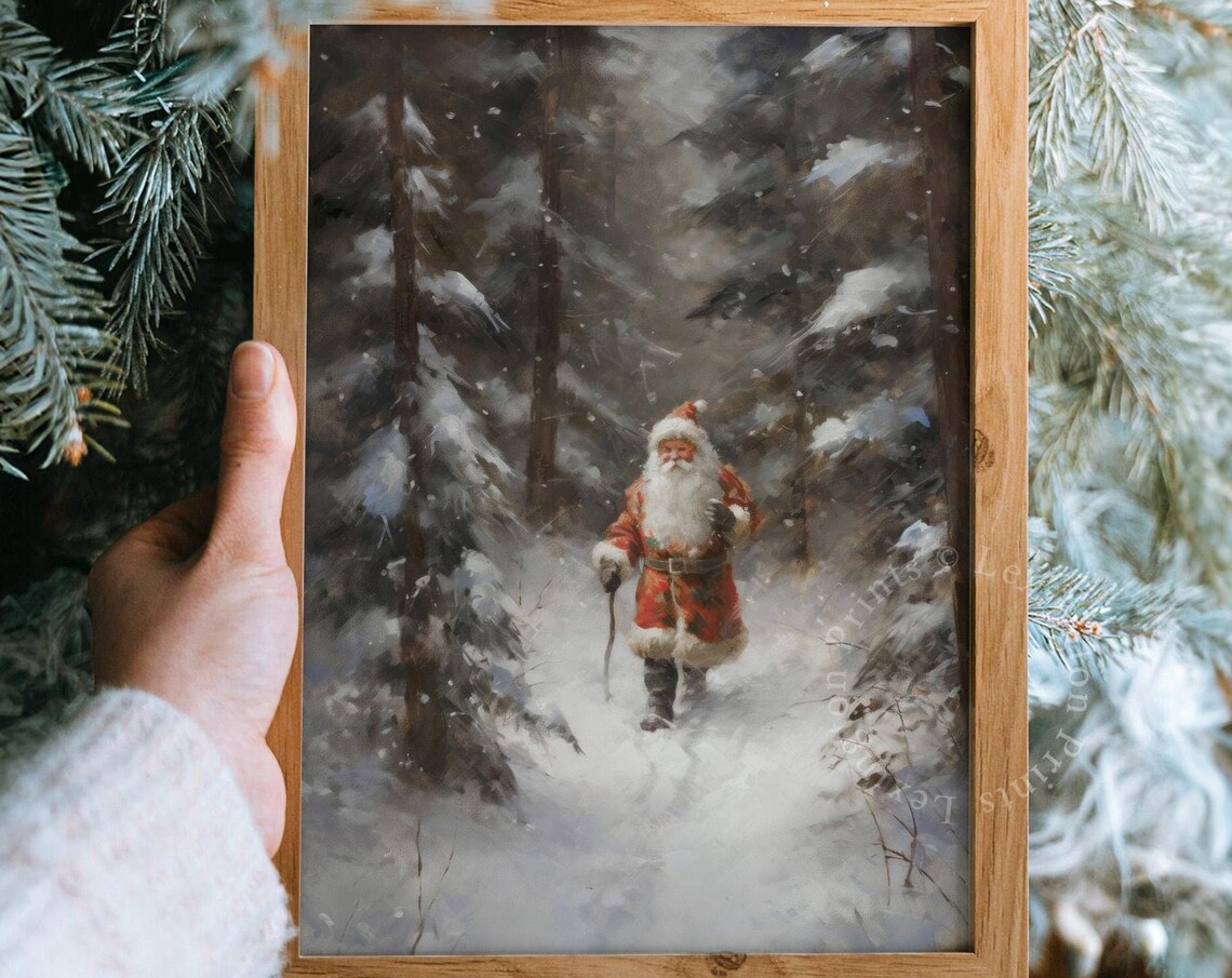 Santa Claus Walking Through a Snowy Forest Vintage Painting Poster