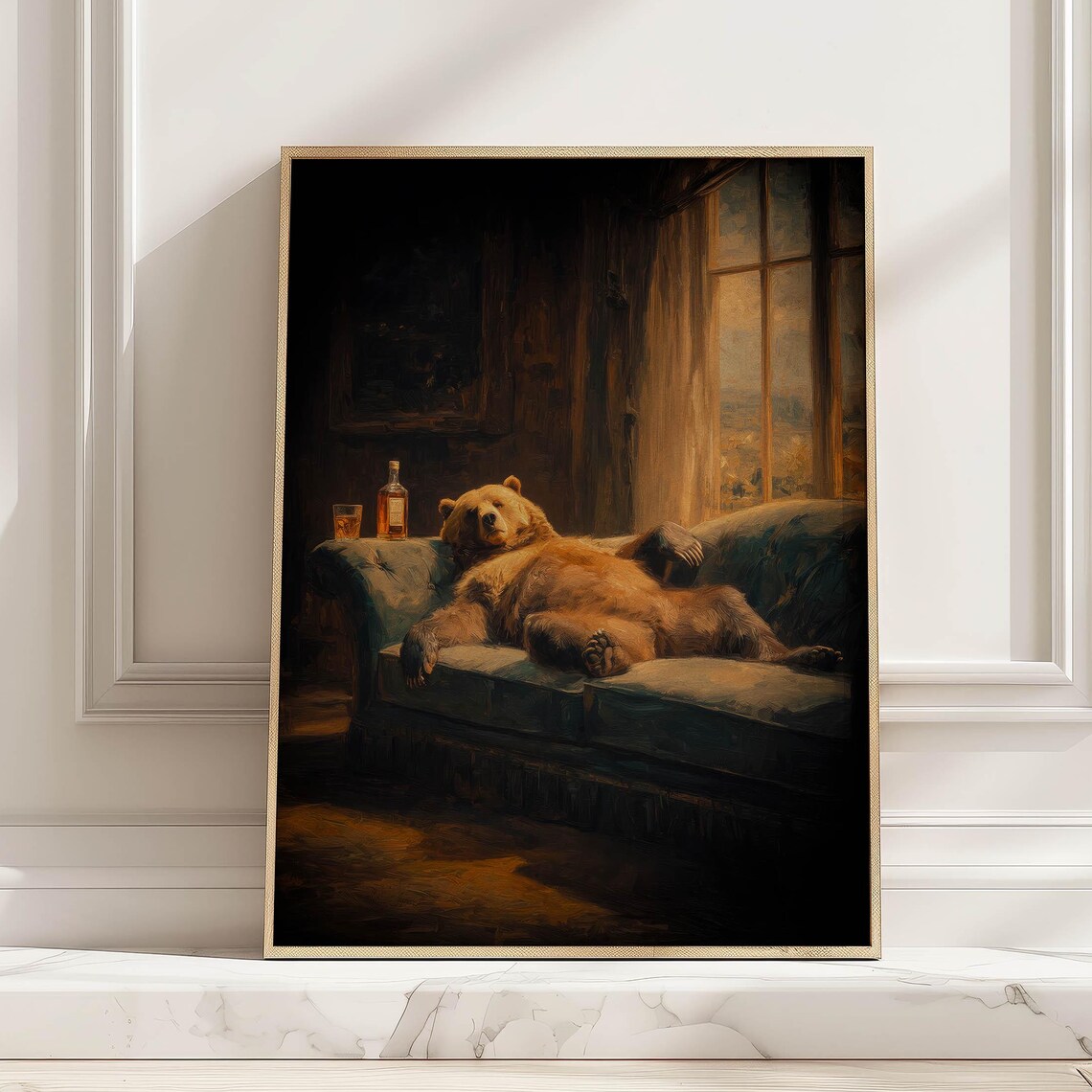 Bear Lounging on Sofa Vintage Oil Painting Funny Animal Wall Art