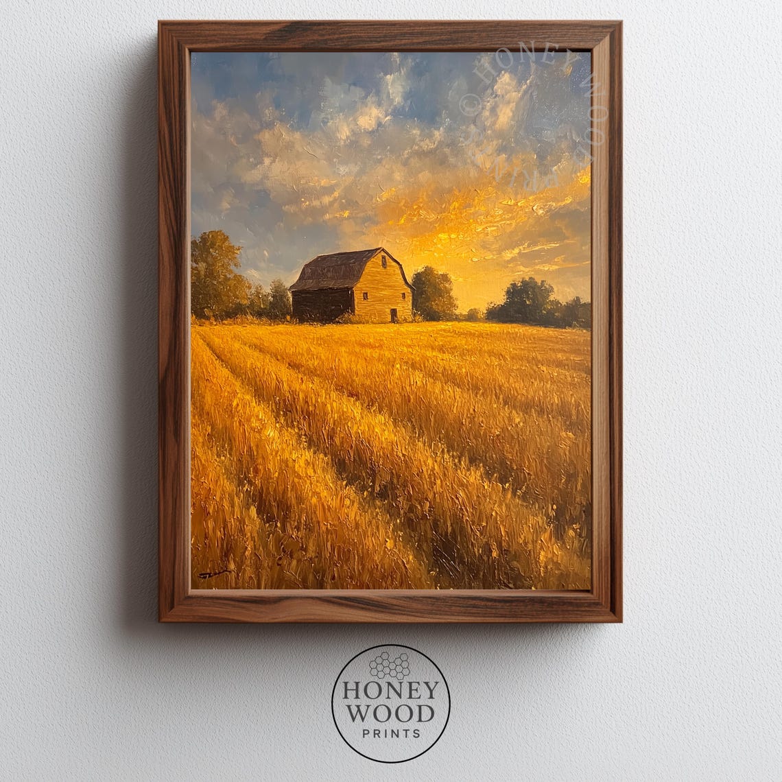 Golden Barn At Sunset In Wheat Field Farmhouse Oil Painting Poster