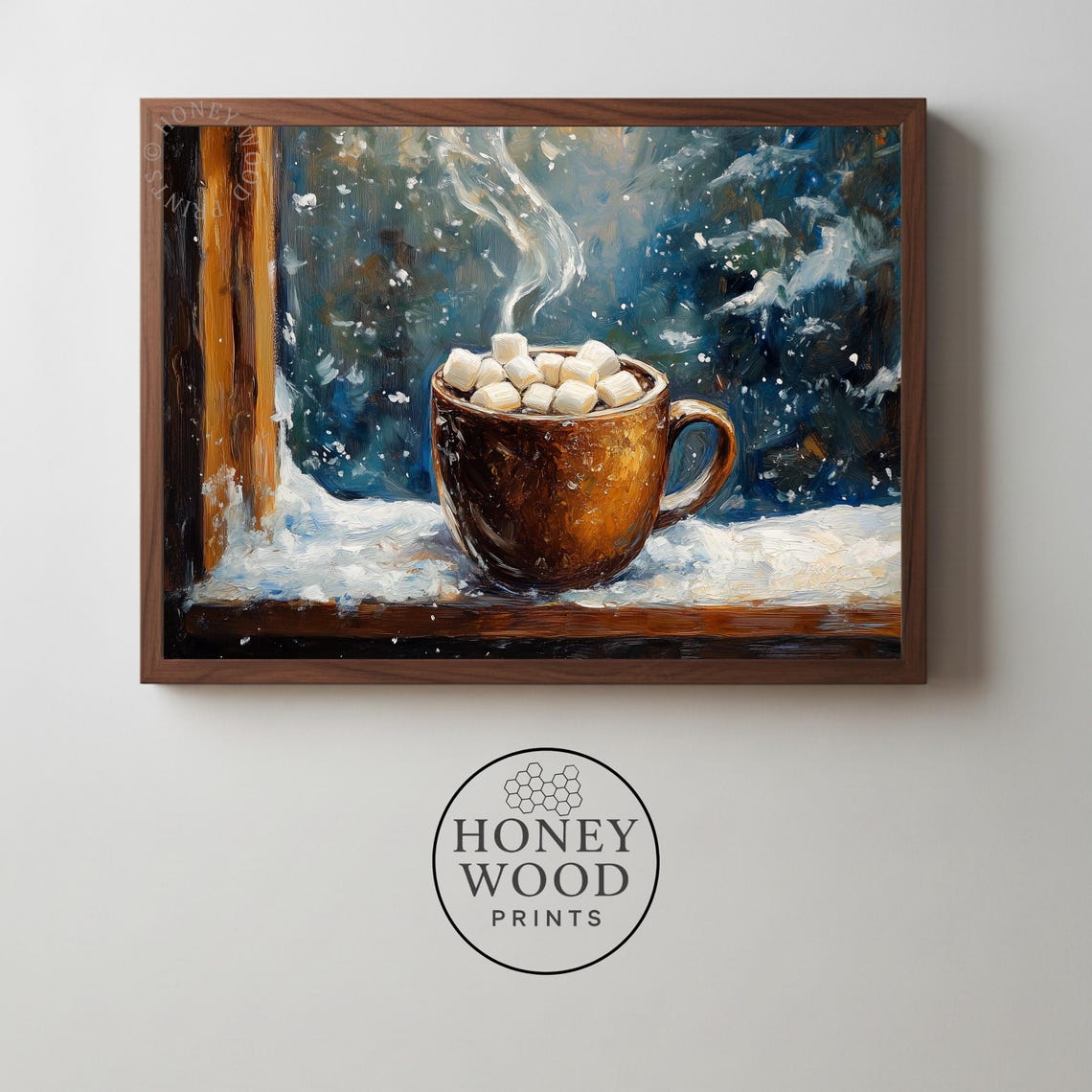 Rustic Winter Hot Cocoa with Marshmallows Snowy Window Print