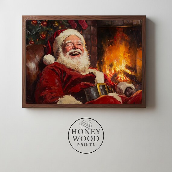 Laughing Santa Claus Fireplace Oil Painting Jolly Christmas Night Wall Art