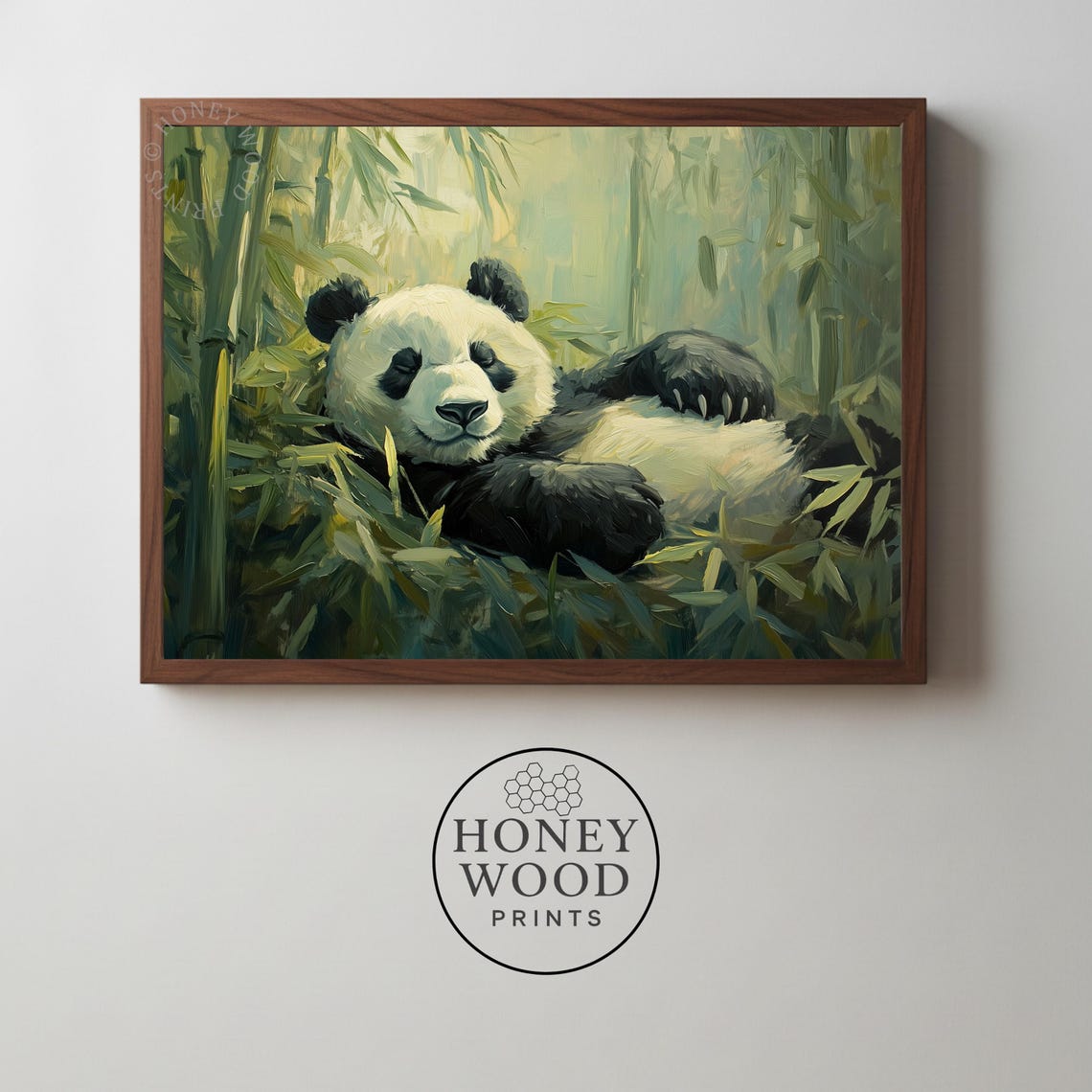 Cute Giant Panda Resting in Bamboo Oil Painting Nature Poster