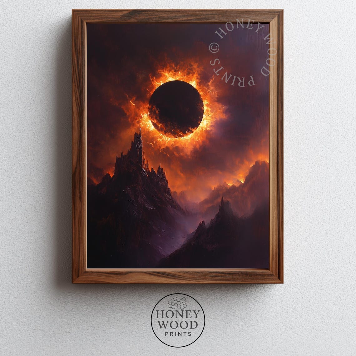 Dark Solar Eclipse Over Jagged Mountains Fantasy Painting Print