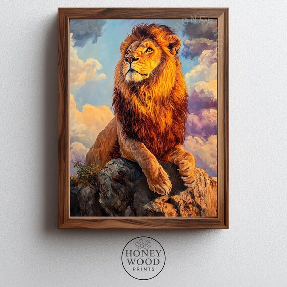 Majestic Lion Portrait Art Regal Wildlife Wall Decor Bold Sunset Scene Dramatic Realistic Painting 277