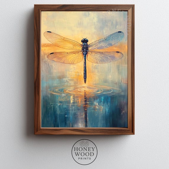 Serene Dragonfly Above Pond Luminous Nature Art Moody Impressionistic Wall Decor Rustic Home 44