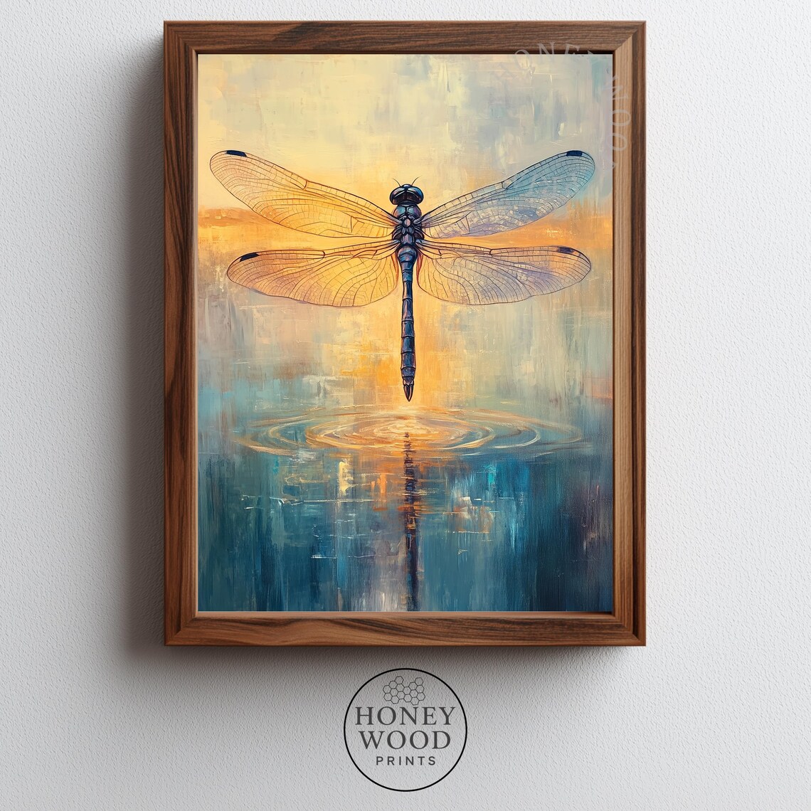 Dragonfly Over Still Water Sunset Reflection Oil Painting Poster