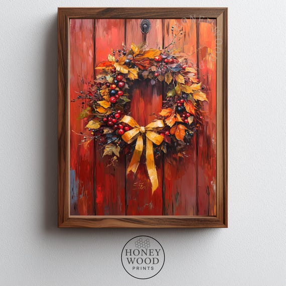 Rustic Autumn Wreath Wall Art Fall Decor Cozy Farmhouse Door Textured Painting With Warm Colors 38
