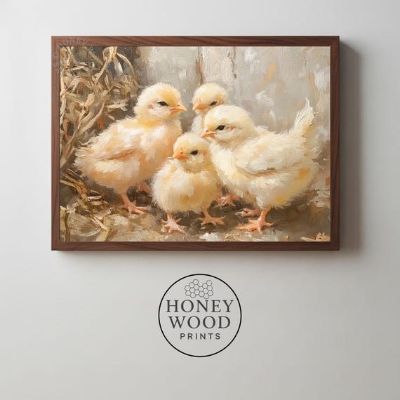Farmhouse Chick Print Cozy Springtime Barnyard Scene Rustic Baby Painting Pastoral Home Decor 56