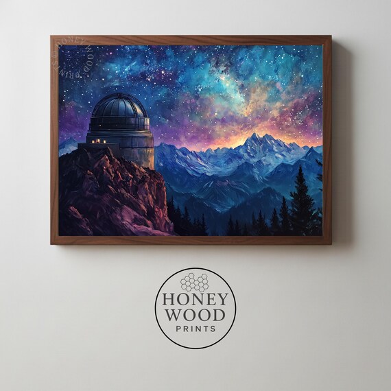 Moody Mountain Observatory Night Scene Cosmic Landscape Art Dramatic Sky With Nebula Stars Rustic Nature 114