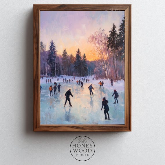 Winter Skaters On Frozen Pond Cozy Vintage Wall Art Serene Sunset Rustic Scene Landscape 312