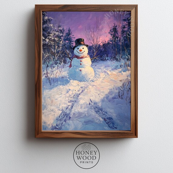 Rustic Snowman at Winter Twilight Purple Dusk Forest Oil Painting Print