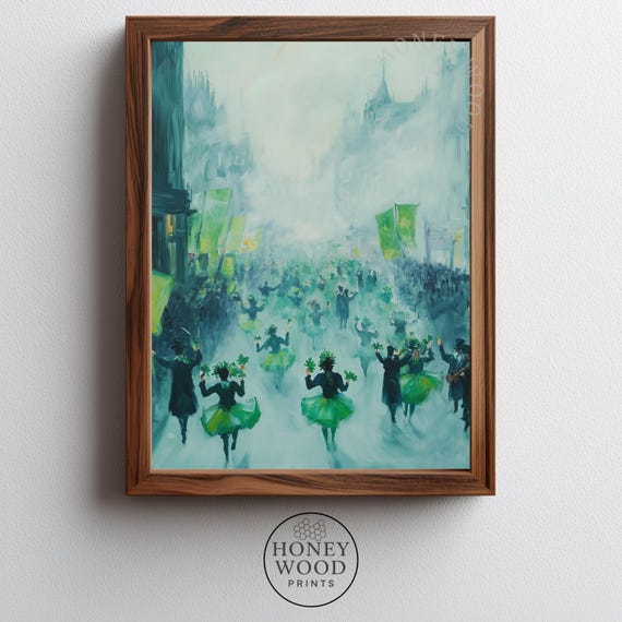 St Patricks Day Parade Wall Art Moody Festive Celebration Vintageinspired City Scene Green Dancers 153
